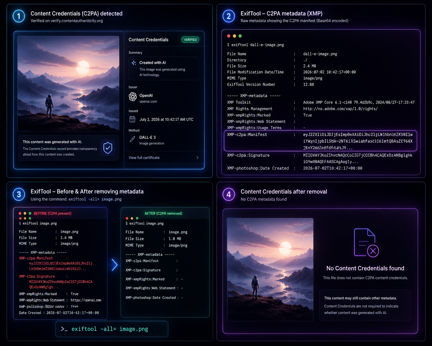 Four-panel illustration: Content Credentials verification showing an AI-generated badge, ExifTool terminal output listing the XMP-c2pa:Manifest field, before/after exiftool -all= command removing the metadata, and the final verification showing no Content Credentials found