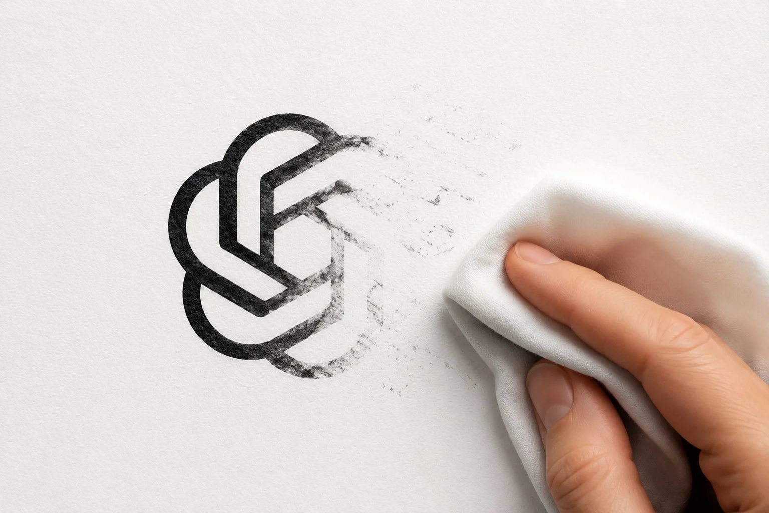 A hand erasing a hand-drawn AI logo mark on paper, symbolizing the removal of an invisible AI provenance signature from an image file